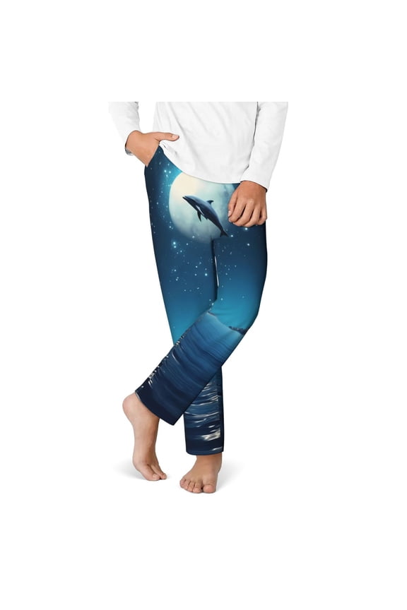 Night Sky Moon Dolphin Print Youth Home Trousers, Elastic Waistband with Pockets for Home and Outing, Suitable for Children Aged 5-16-Large