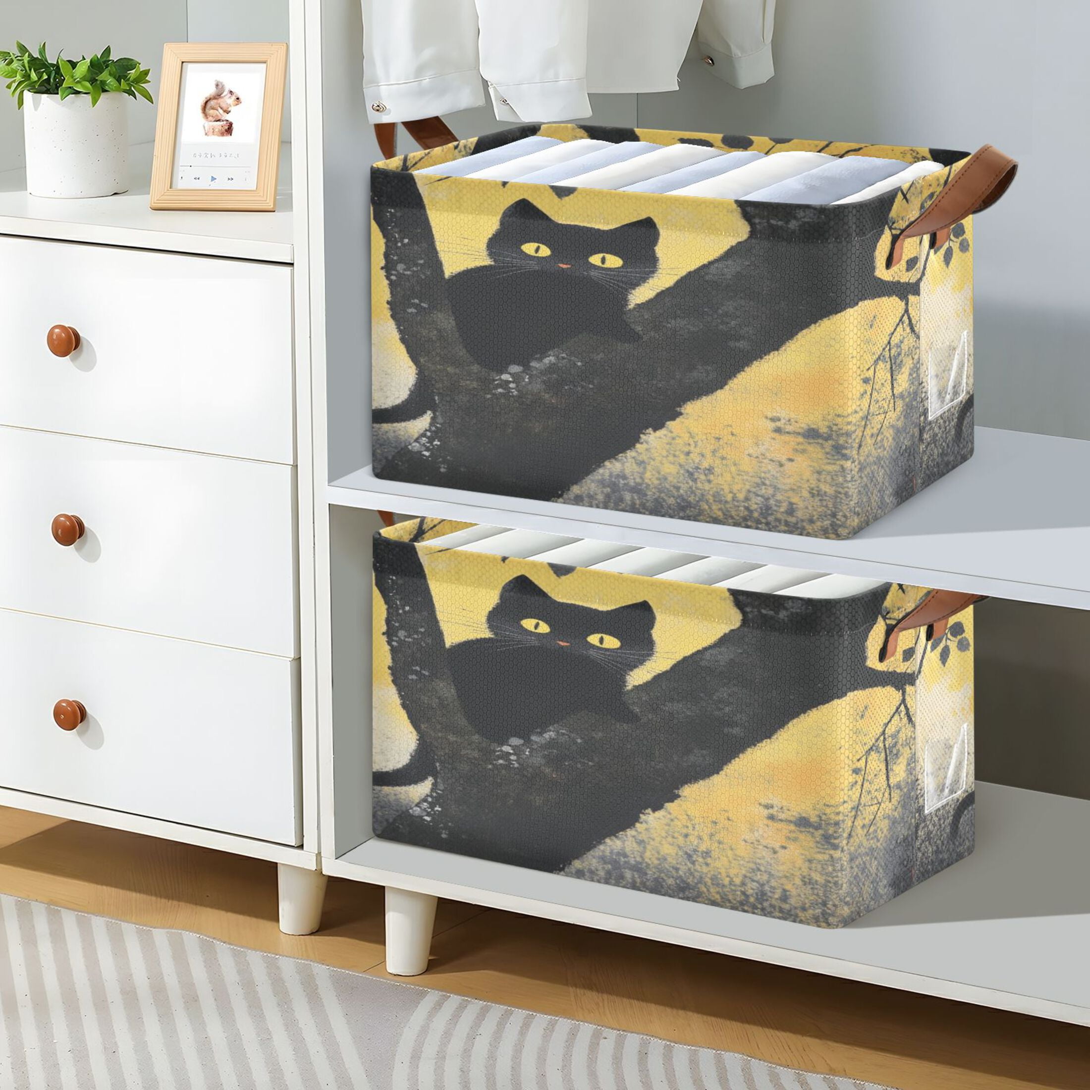 Black Cat Storage Basket Soccer Plaid Fabric Hoard Box Oversized Collapsible Closet Organizer with Metal Iron Frame 16.9×11.4×10in