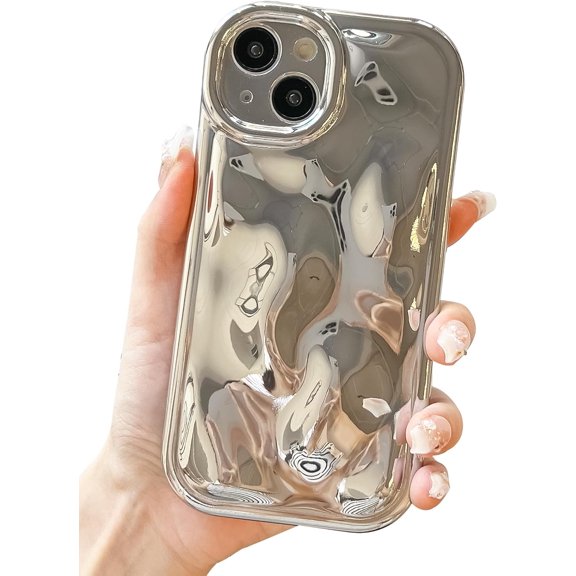 for iPhone 14 Case, 3D Laser Water Ripple Pattern Wavy Shockproof Soft Phone Case, Cute Bling Curly Wave Shape Cover for Women Girls iPhone 14 Case, Electroplate Silver