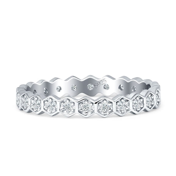 Full Eternity Hexagonal Stacking Band Cubic Zirconia White Gold 925 Sterling Silver, Size 5