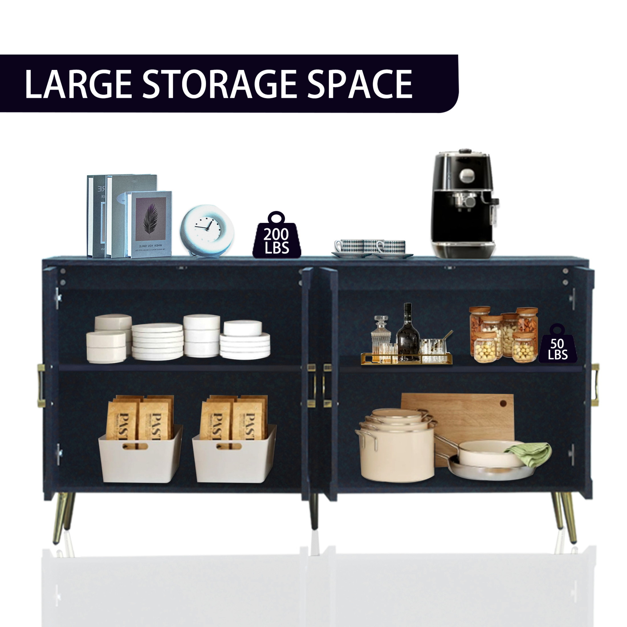 Noble House 59.8" Modern Lacquered Sideboard, Buffet Storage Cabinet with Adjustable Shelves, Navy Blue