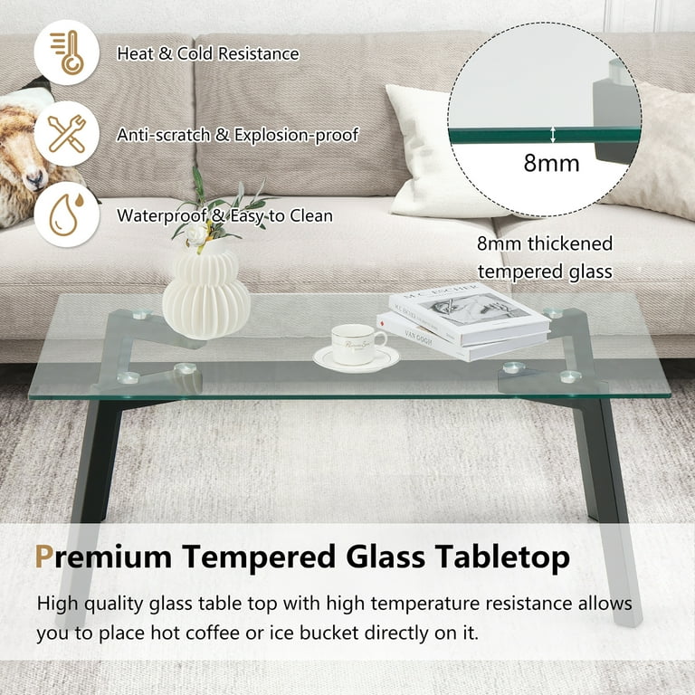 Costway Tempered Glass Coffee Table Modern Center Table with Metal Frame for Living Room