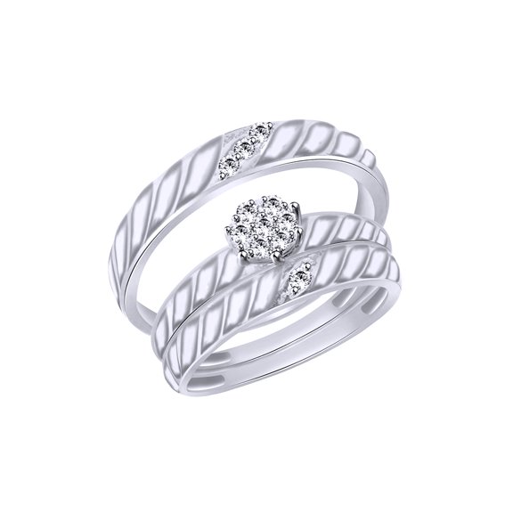 AFFY White Cubic Zirconia Engagement and Wedding Trio Fashion Ring Set In 14K White Gold Over 925 Sterling Silver (1.5 Cttw)