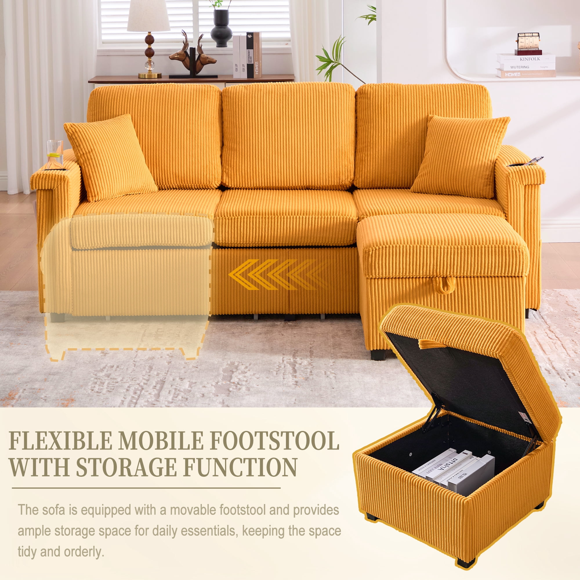 MOONMISS Corduroy Upholstered L-shaped Pull-Out Storage Sectional Sofa with Storage Ottoman,USB Charging,Cup Holder-Yellow