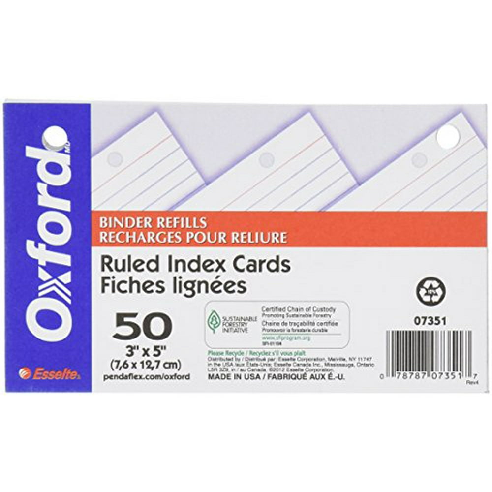 OXFORD INDEX CARD REFILL 50CT, 2HP, Ruled, 3" x 5", White