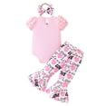 thumbnail image 4 of CAICJ98 Newborn Baby Girl Clothes Infant Summer Bell Bottoms Outfits Puff Sleeve Romper Flare Pants Sets with Headband (Pink,18-24 Months), 4 of 7