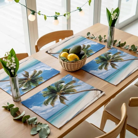Ocean Beach Coconut Tree Placemats Set of 4,Wipeable Washable Table Mats for Dining Tables, Summer Vacation Blue Sky Place Mats for Kitchen Event Party Tabletop Decor
