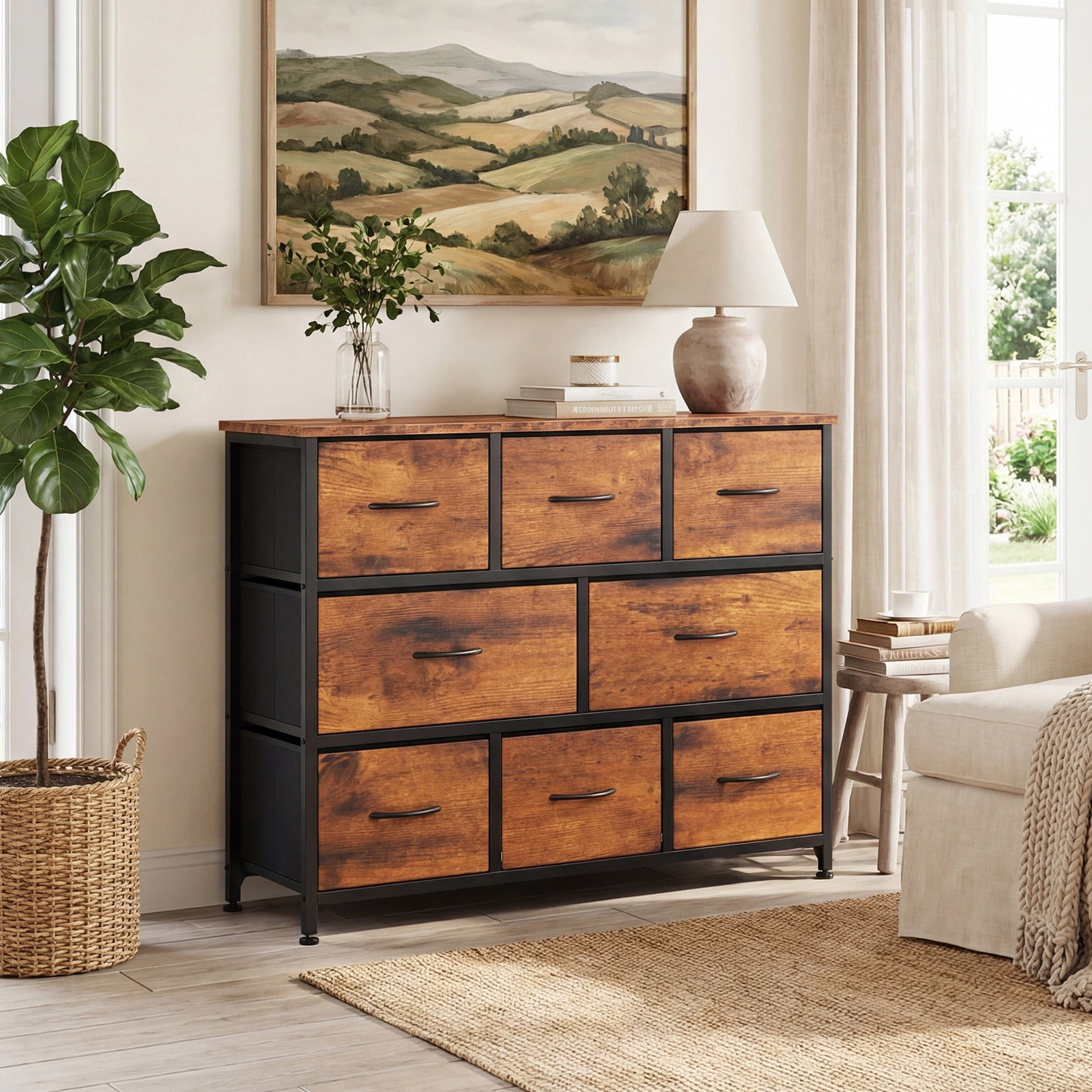CONCETTA 8 Drawer Fabric Chest，Dresser for Bedroom, Wide Storage Tower for Closet, Living Room, Hallway, Rustic Brown