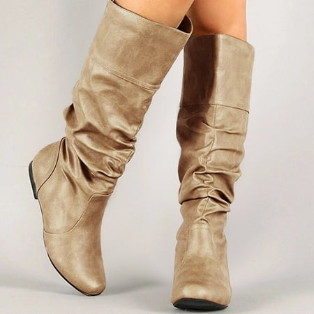 

Boots For Women Womens Ladies Flat Slip On Round Toe Pleated Thigh Boots Shoes Boots For Womens Beige 7.5