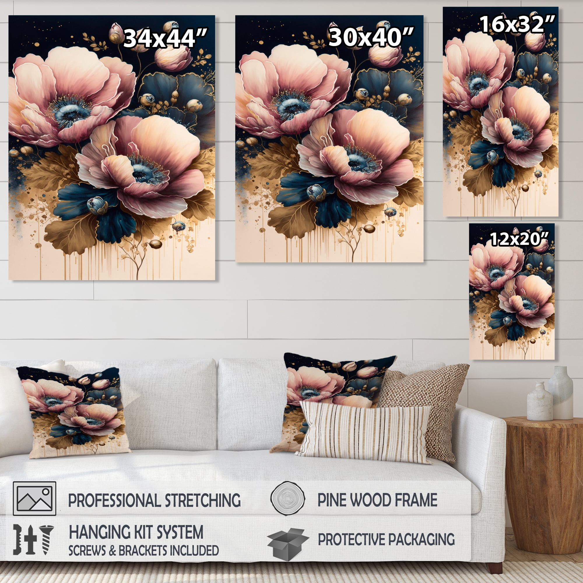 Designart Bold Pink And Blue Poppy Flowers I Canvas Wall Art