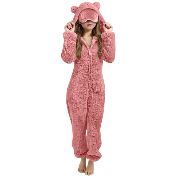 VINUSLI Girls Winter Pajamas Cute Hooded Ears Zipper Sherpa Jumpsuit with Eye Mask Fleece Long Sleeve Lounge One Piece Romper Watermelon Red,9 Years