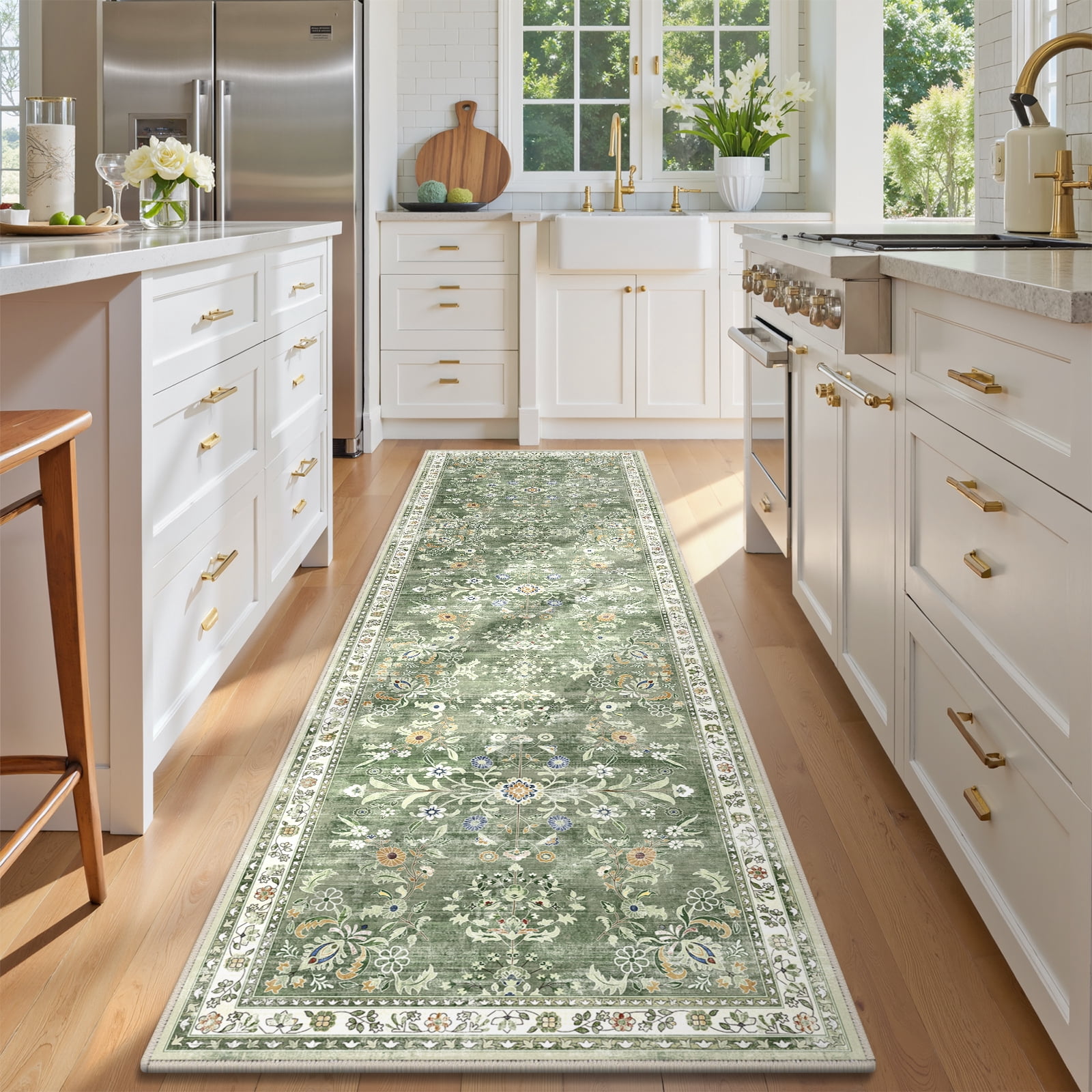 MJIAexp 3'x8' Boho Runner Rug,Non Slip Washable Floral Hallway Runner Rug with Rubber Backing, Low Pile Faux Wool Distressed Carpet for Kitchen, Laundry, Bedroom, Entrance,Green