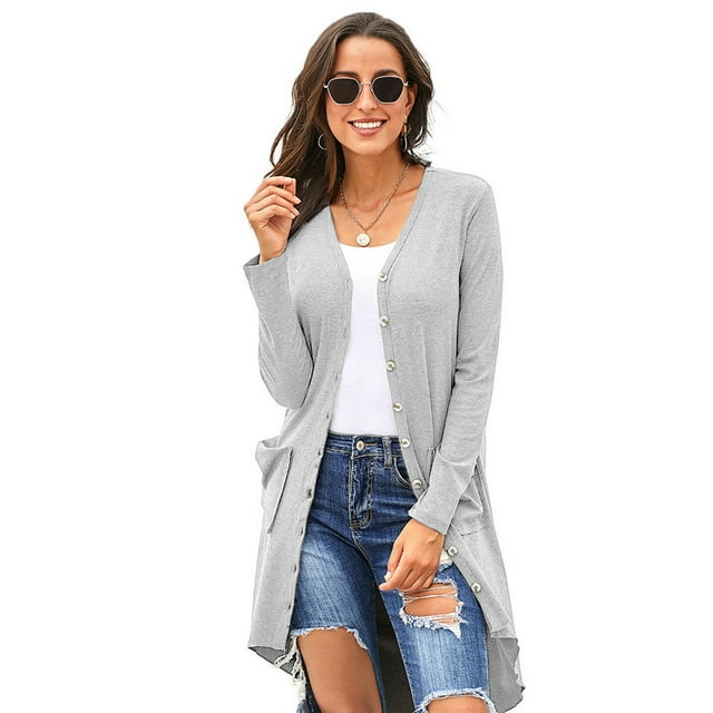 U.Vomade Women's Mid-Sleeve Solid Button-Down Long Knit Cardigan Sweater Jacket