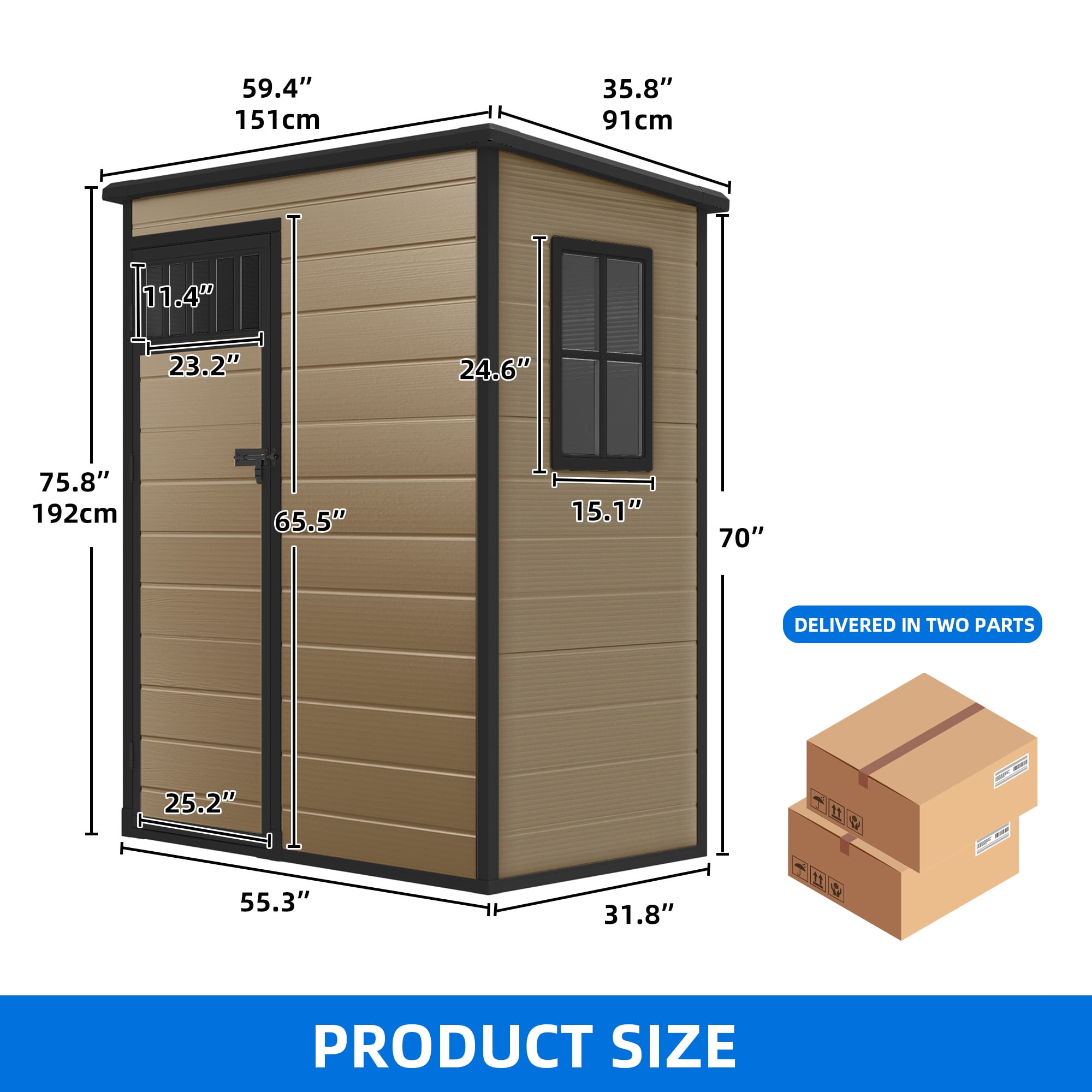 Dextrus 5x3FT Outdoor Storage Shed with Windows, Floor, Lockable Doors, Waterproof Plastic, Brown