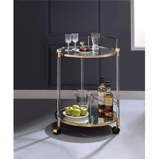 Benzara BM158859 Round Metal Serving Cart, Clear Glass & Gold