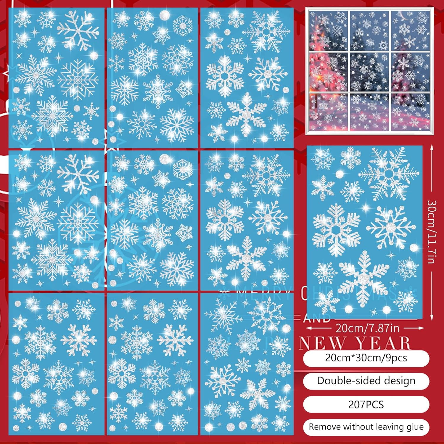 155 PCS Glitter Snowflake Window Clings, Christmas Window Clings for Glass Windows, Double Sided Reusable Christmas Window Stickers& Decals, Winter Clings for Christmas Window Decorations (9 Sheets)