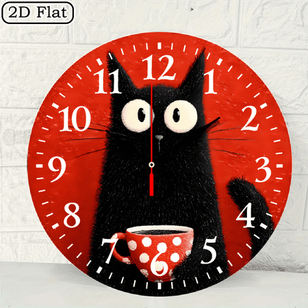 Whimsical Black Cat Holding Red Polka Dot Cup Digital Wall Clock Round 10 x 10 Inch 1 pc Battery