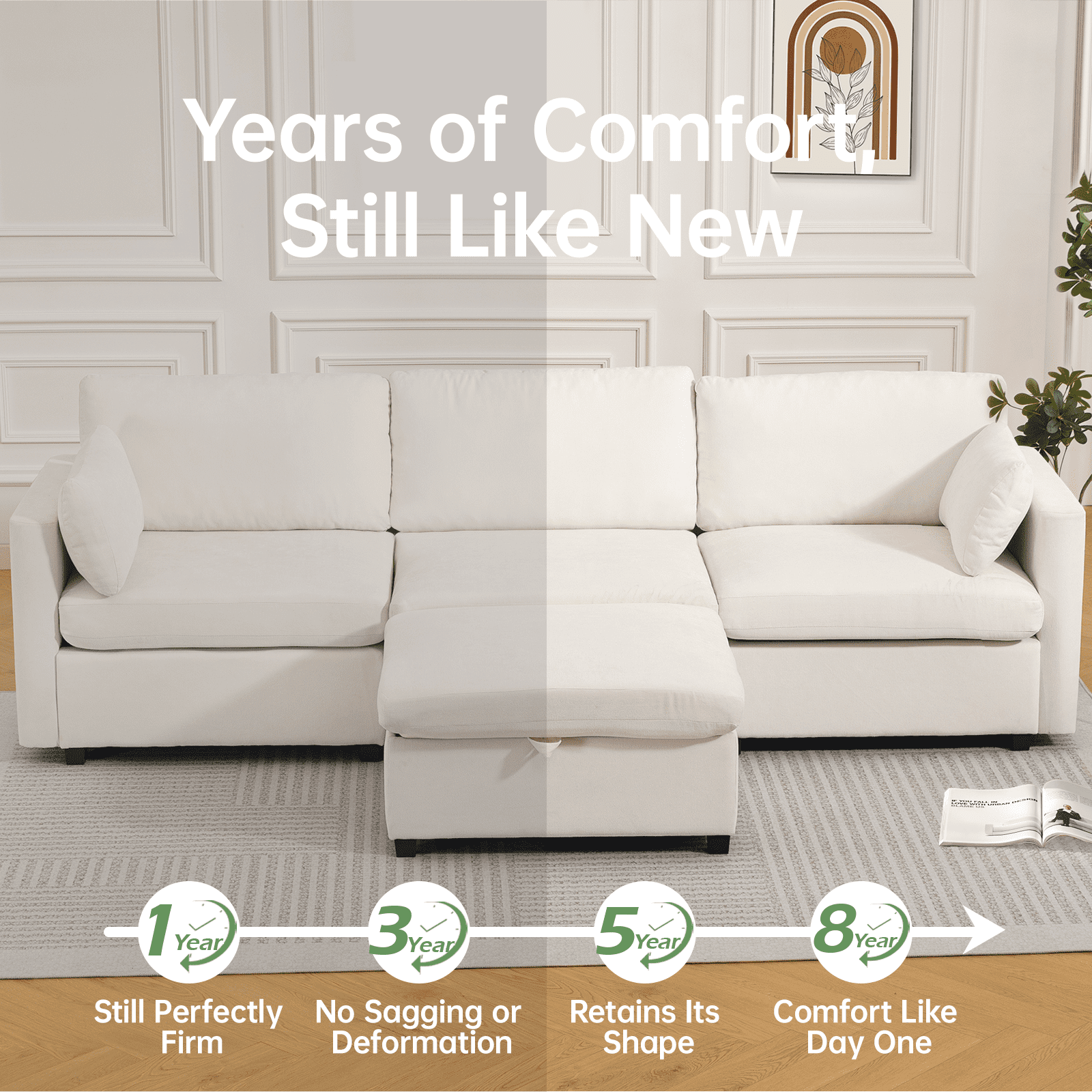 109" Modular Sectional Sofa Sleeper Bed with Storage Ottoman, Oversized Deep Seat Cloud Couch with Movable Ottomans, Convertible 4-Seat L-Shaped Sofa for Living Room or Apartment (Low Legs 1.97")