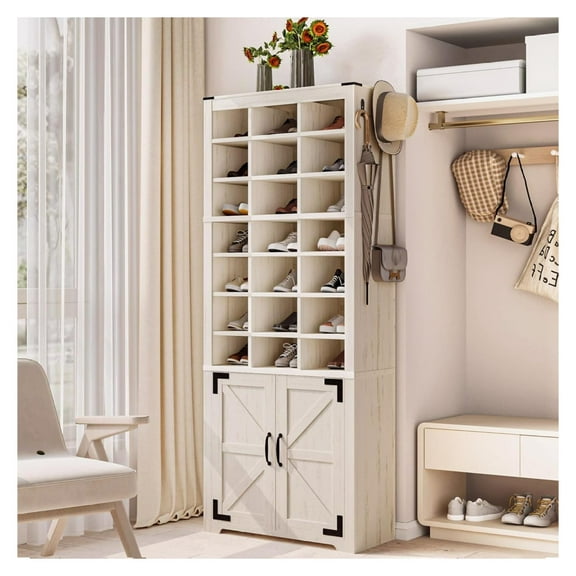 Shoe Storage Cabinet, 30 Pair Organizer, Rustic White - Free Standing 10 Tier Shoe Rack for Entryway & Bedroom, 8.8" Wide Cells, Adjustable Shelves 12"D x 27.5"W x 67.9"H