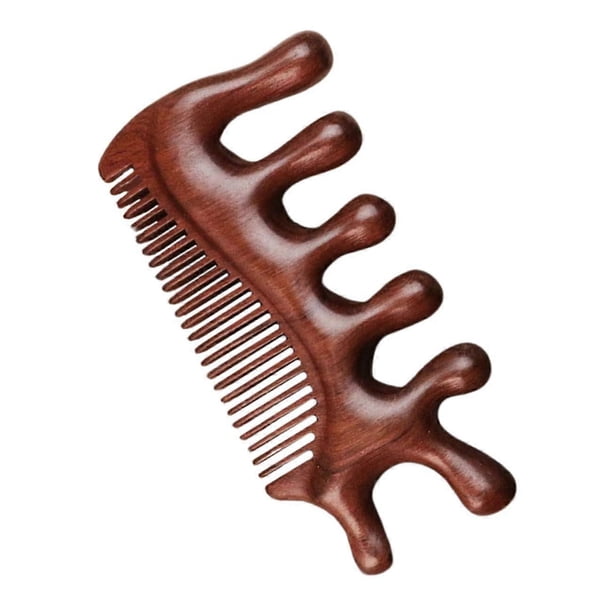 Peine de madera para masaje capilar con diseño de dientes anchos para cabello rizado y para desenredar.