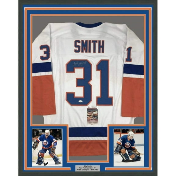 Framed Autographed/Signed Billy Smith 35x39 New York White Hockey Jersey JSA COA