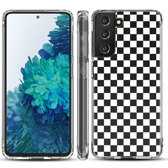 Shockproof Hybrid Bumper Phone Case for Samsung galaxy S21  5G / S21 Plus 5G, by OneToughShield ® - Checker B/W