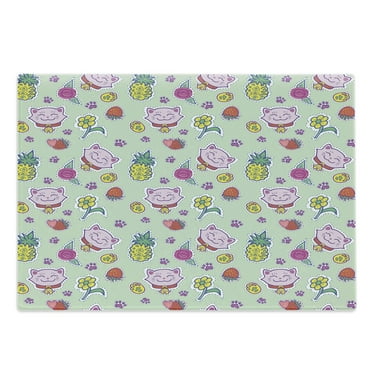 Cat Cutting Board, Cheerful Pattern with Smiling Cats Pineapples Strawberries Maneki Neko Happiness Love, Decorative Tempered Glass Cutting and Serving Board, Large Size, Multicolor, by Ambesonne