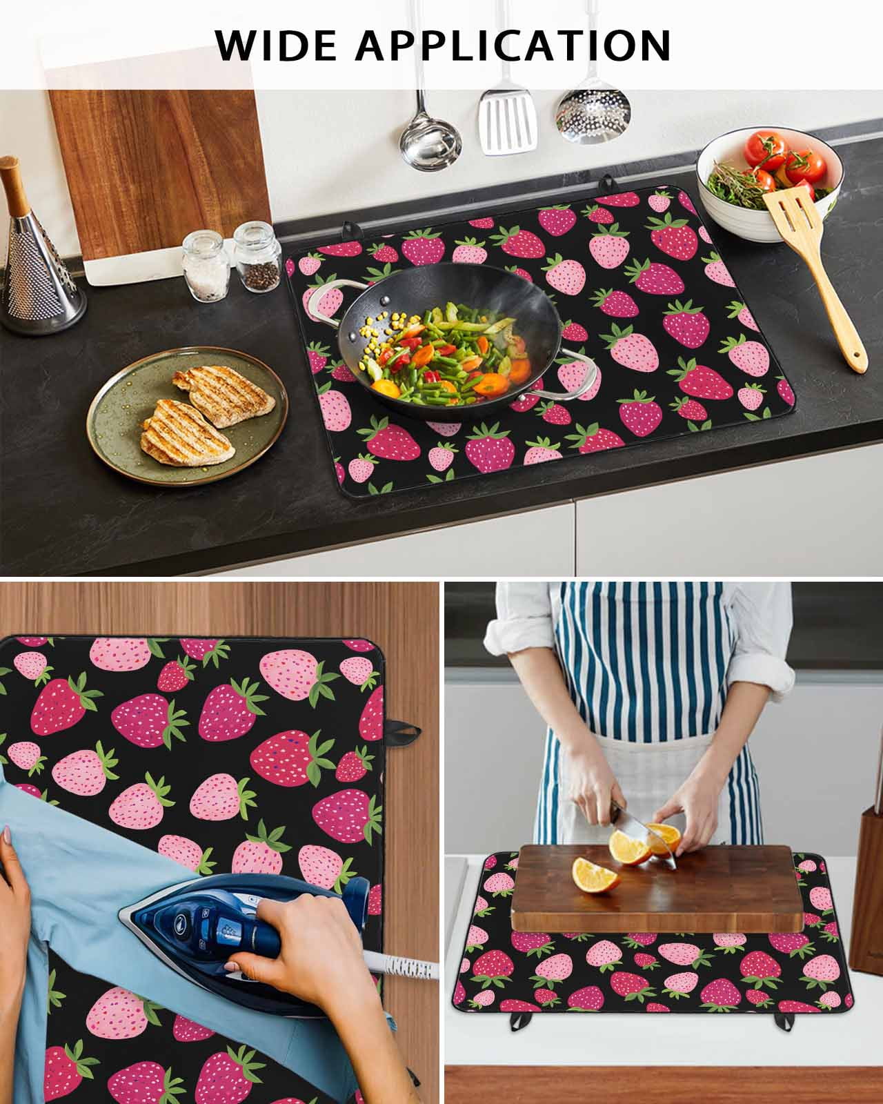 nqOlkjepod Large Induction Cooktop Protector Mat 24"x21", Red Pink Strawberry Stove Top Covers for Electric Stove, Black Lovely Summer Spring Fruit Stove Burner Cover Mats, Glass Top Stove Cover