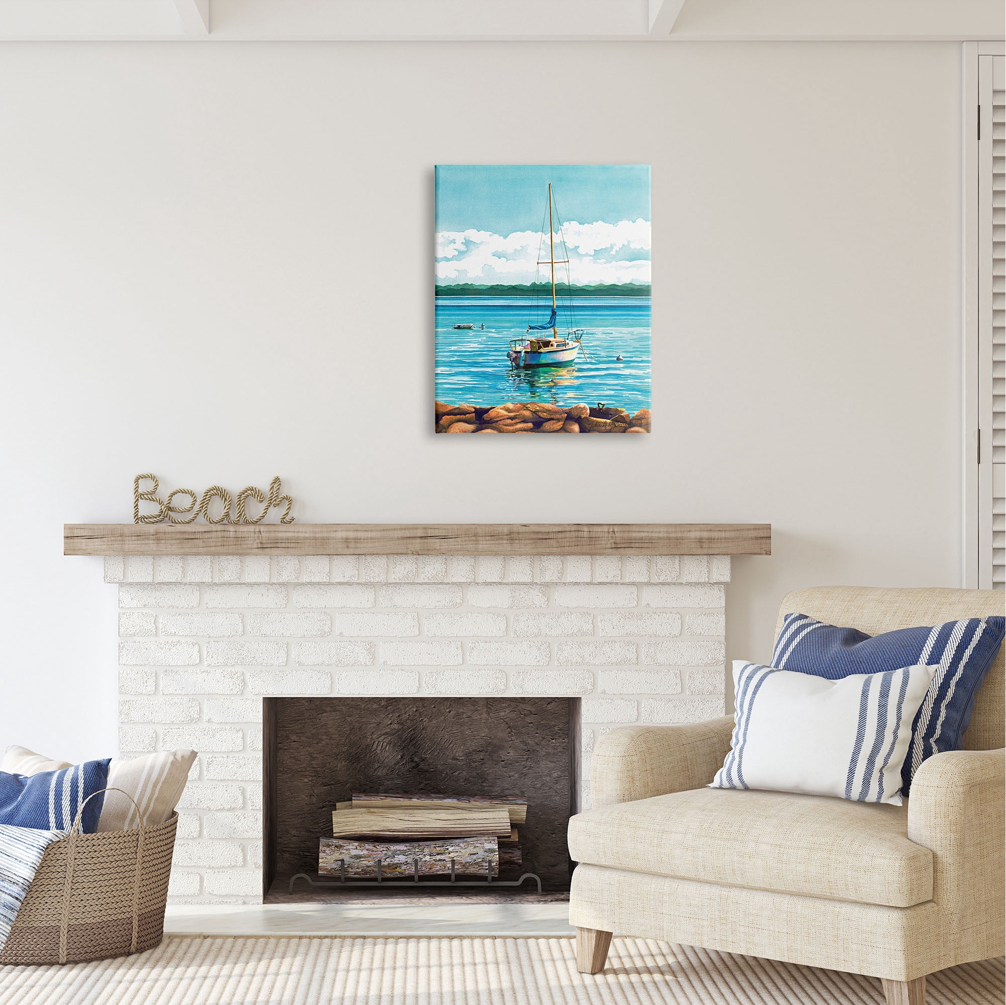 Stupell Industries Sailboat Rocky Shoreline Nature Painting Gallery Wrapped Canvas Print Wall Art, 24 x 30