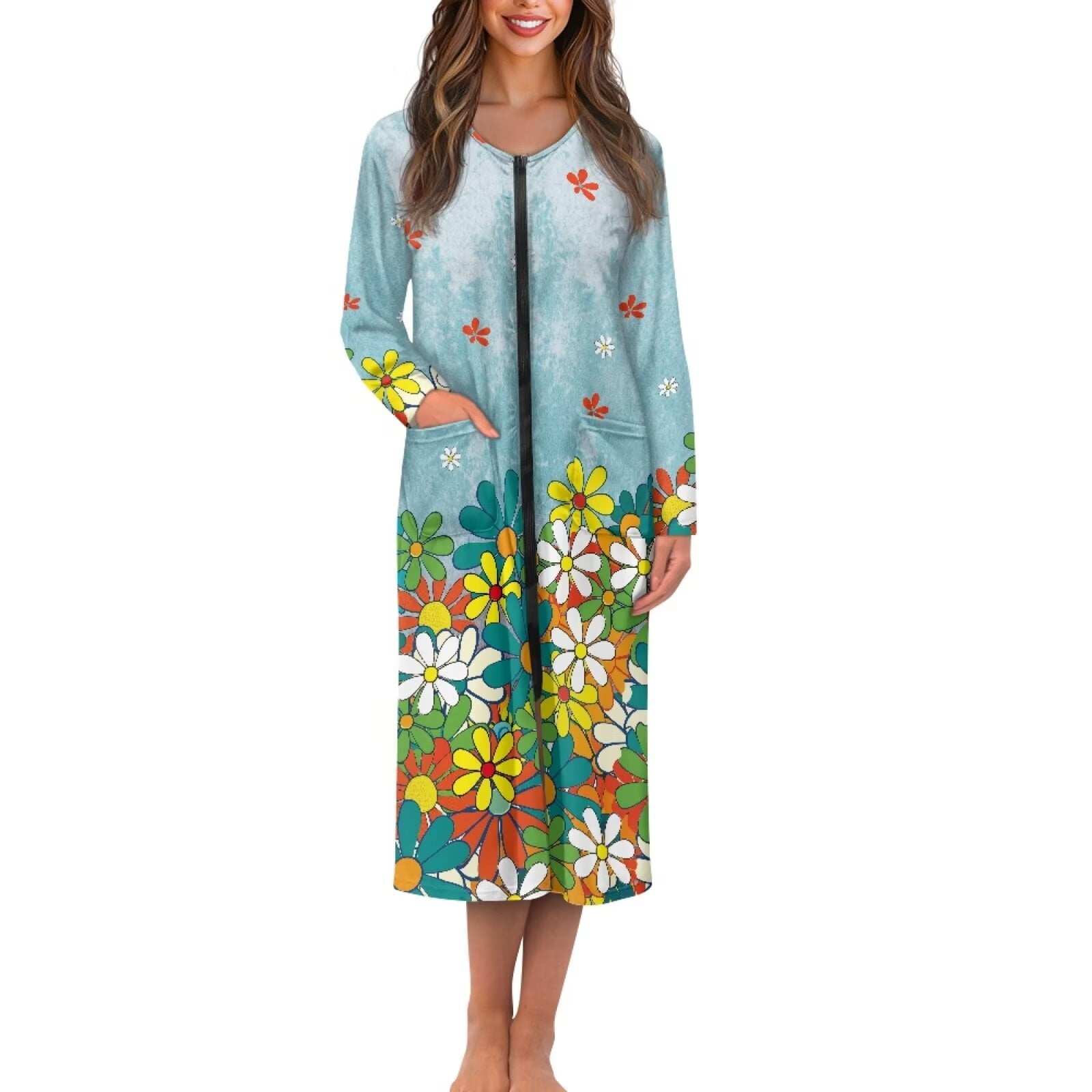 FKELYI Zipper Front Robes Cute Hippie Flower Print Nightgown Women Sleepwear Dress Long Sleeve Nightwear with 2 Pockets Comfy Housecoat Breathable Lounge Wear Fall Winter L