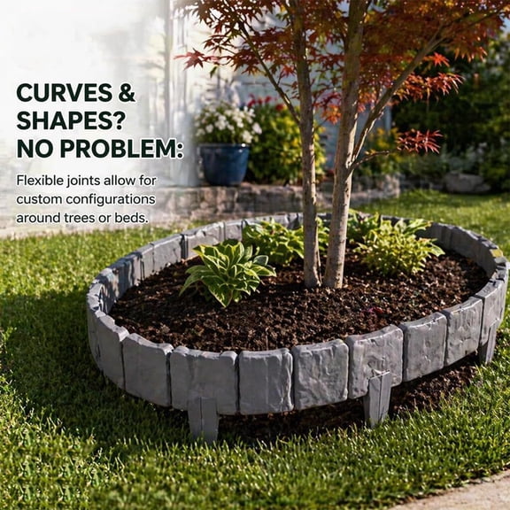 WEEEANT Garden Fence Edging 10 Pieces Black Plastic Landscape Border for Flower Beds and Lawns, Stone Effect Path Edging Interlocking Panels