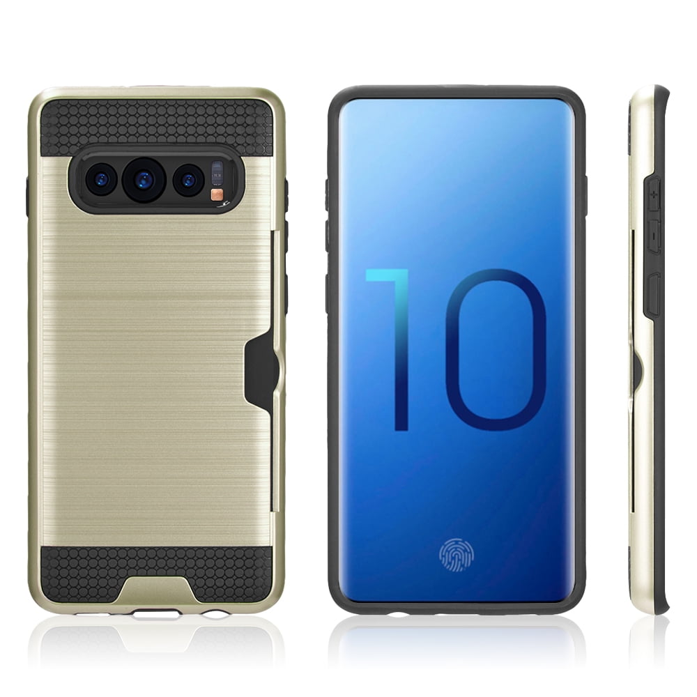 Luxury Dual Layer Hybrid Wallet Case for Galaxy S10 (Gold) w/ Credit Card ID Slot Holder & USB Car Charger Adapter - Ultra Lightweight w/ Button Covers, Shock Absorption, Raised Lip Guard