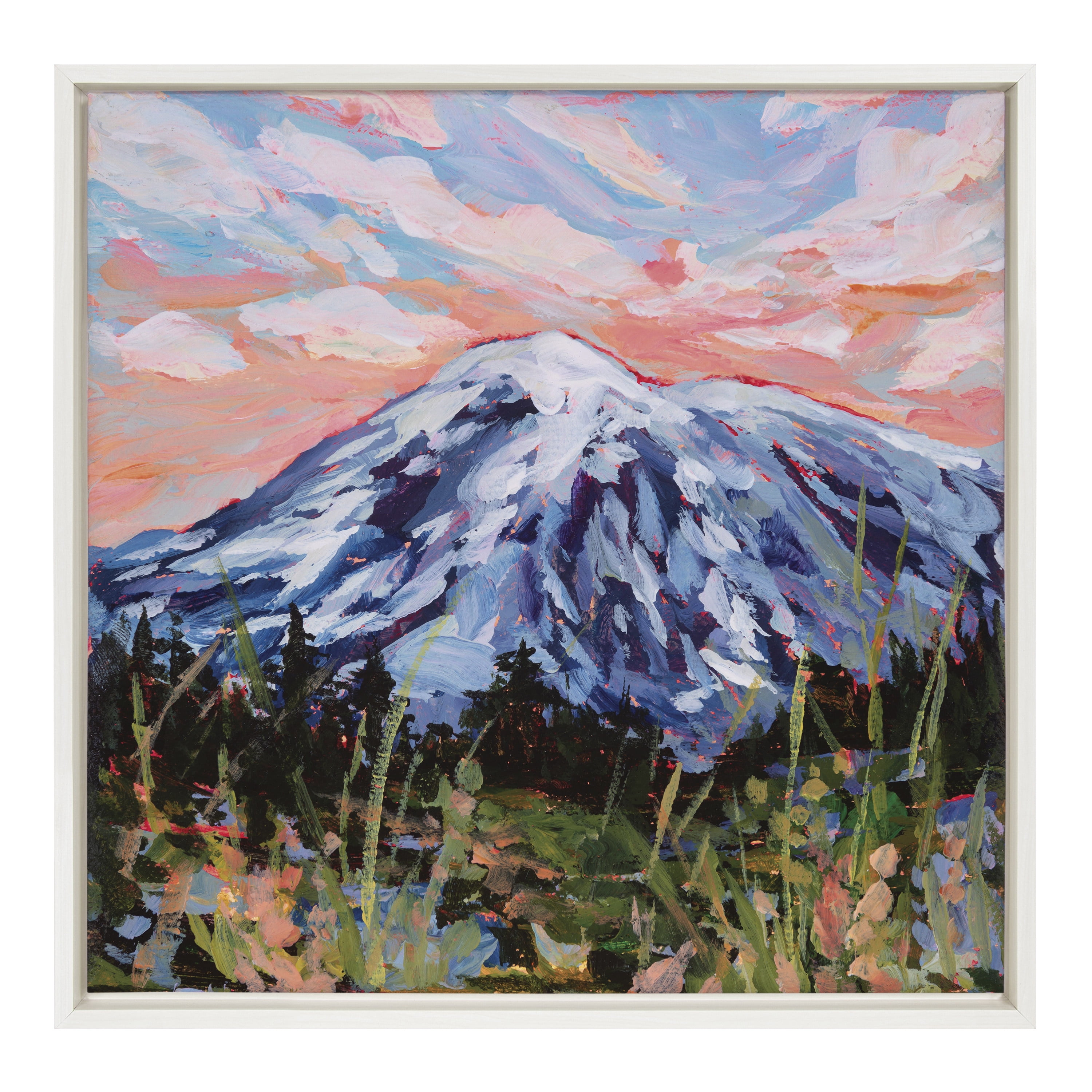 Mount Rainier Colorful Landscape Canvas Print with White Frame, 22x22