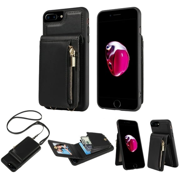 Mantto Zipper Wallet Case for iPhone 8 Plus/7 Plus,[RFID Blocking] Leather Back Flip Crossbody Purse with Credit Card Holder Kickstand Phone Case with Detachable Wrist Strap Lanyard,Black