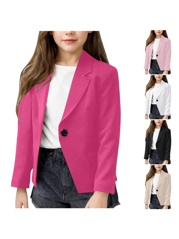 Girls Blazer Long Sleeve Button Down Jackets Lapel Button Up Short Blazer Solid Long Sleeve for Girls School Uniform Daily Wear Children's Outwear