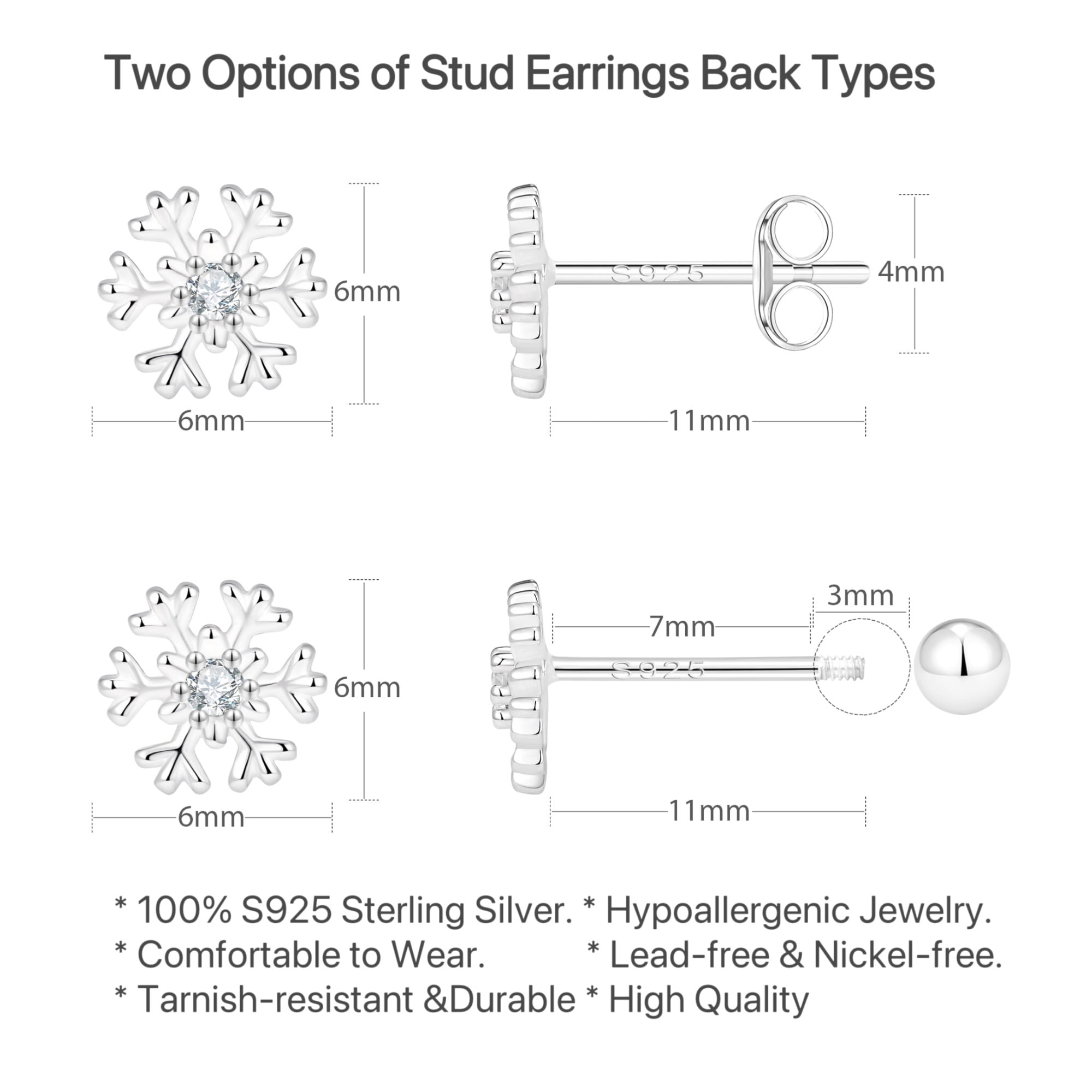 RYSKYJEWELRY Snowflake Clear Stud Earrings, 925 Sterling Silver, Women, All Ages