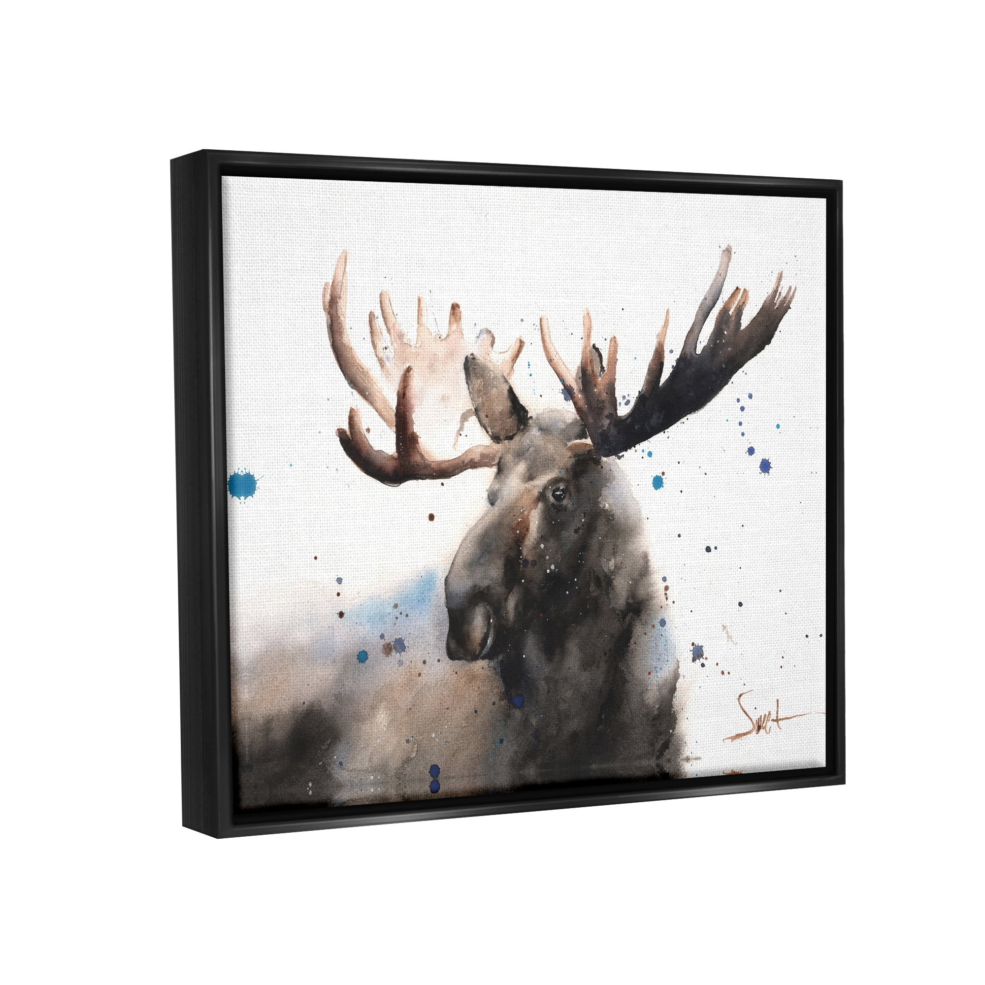 Stupell Industries Majestic Moose Watercolor Painting with Blue Splatter Jet Black Framed Floating Canvas Wall Art, 24x30, by Eric Sweet