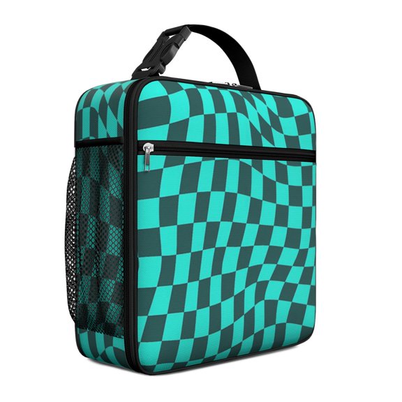 Blue and Black Wavy Checkered Pattern Insulated Lunch Bag Teens,Lunch Box for Men Women for Work,Picnic or Travel,10.2x9.5x4.3 Inches,8 Can Capacity