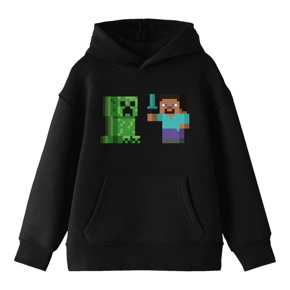 Minecraft Steve & Creeper Long Sleeve Youth Black Hooded Sweatshirt-XS