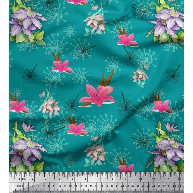 Soimoi Poly Georgette Fabric Leaves & Lily Floral Print Fabric by The Yard 52 Inch Wide