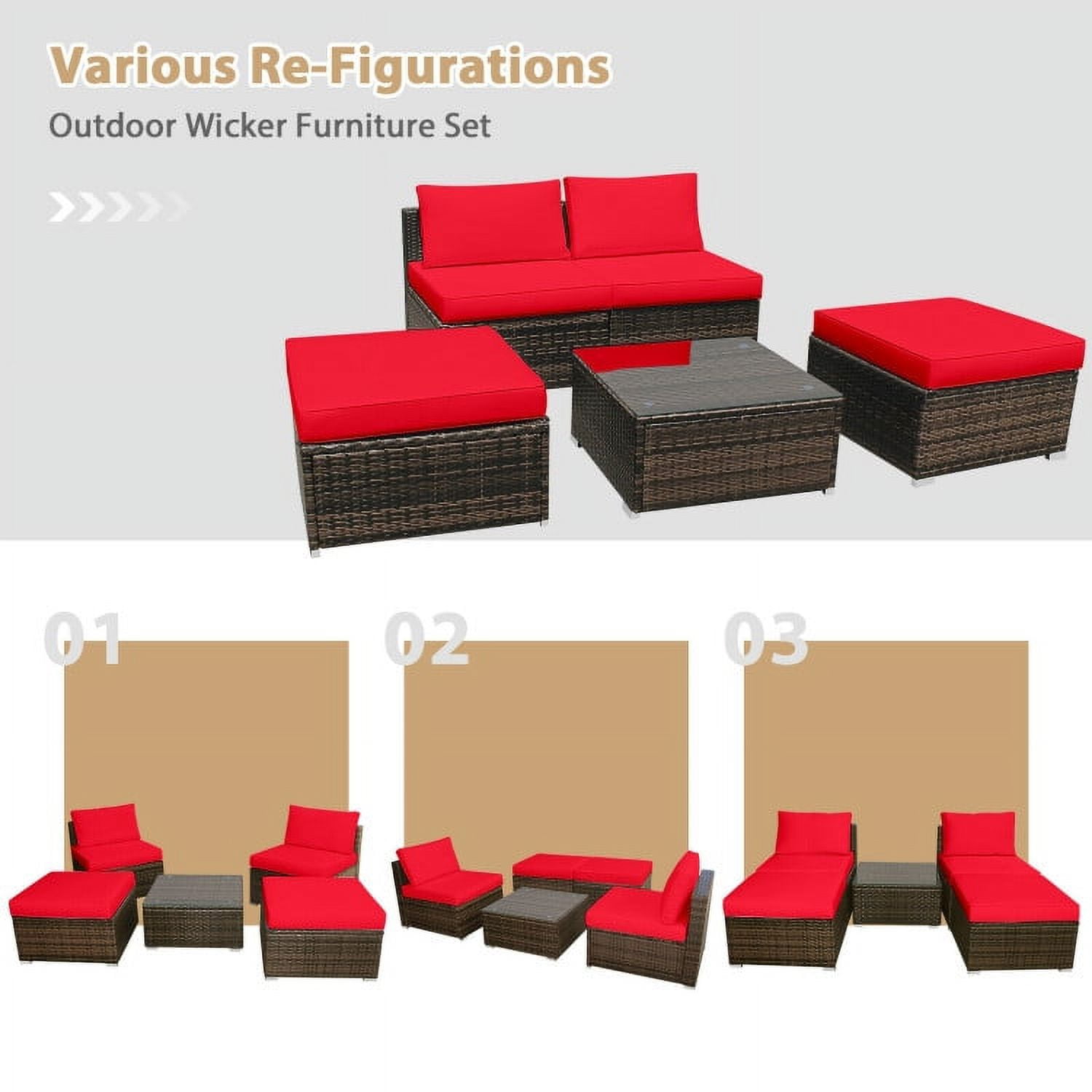 Aimee Lii 5 Pieces Patio Rattan Furniture Set with Cushioned Armless Sofa, Outdoor Deck Furniture, Red Aimee Lii 5 Pieces Patio Rattan Furniture Set with Cushioned Armless Sofa, Outdoor Deck Furniture, Red