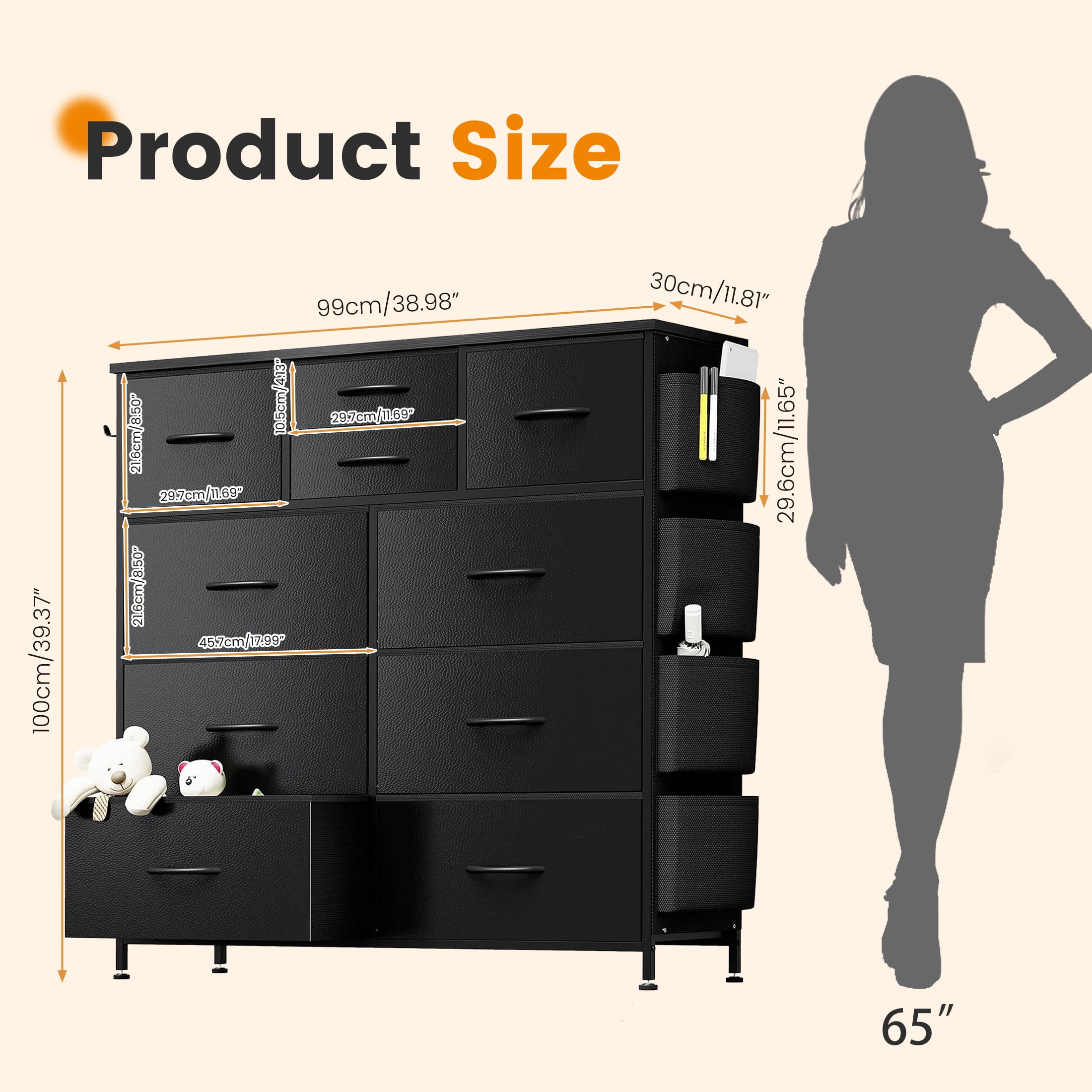 edx Dresser Storage with 10 Drawers, Fabric Dresser Tower with Side Bag, Storage Unit for Bedroom, Closet, Office, Black