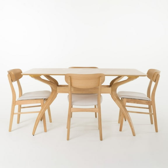 Leona Mid-Century Modern 5 Piece Dining Set, Light Beige and Natural Oak