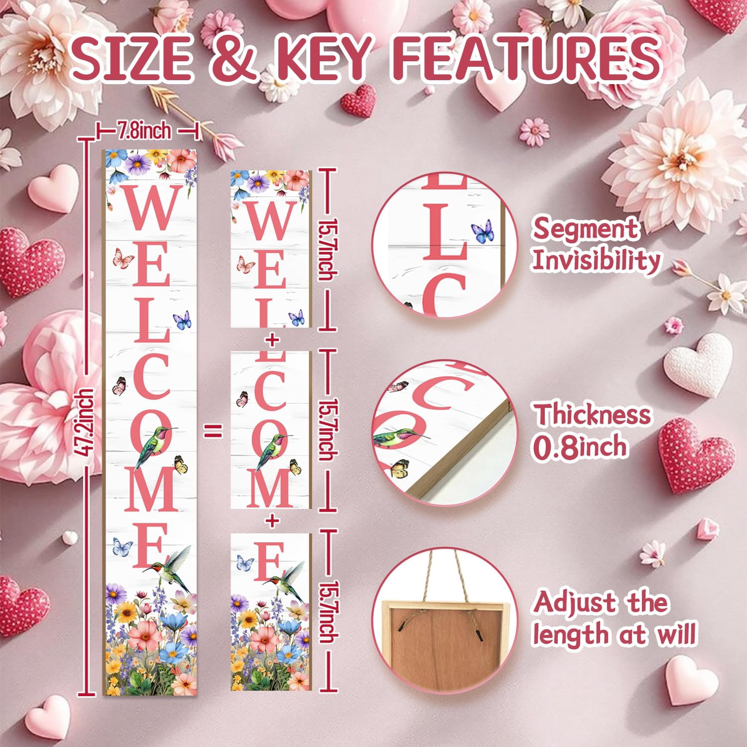 Hummingbird Welcome Sign For Front Door  Spring Porch Tulip Flowers Outdoor Yard Seasonal Tall Floral Wildflowers Wood Garden Patio Wall Home Decor