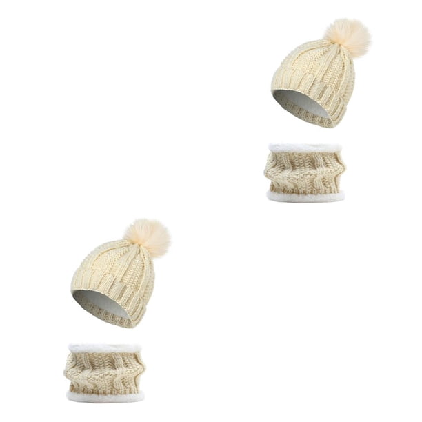 Qarigey Gorro de invierno Ball Caps Decorativo engrosado Sombrero Bufanda Conjunto Otoño Crochet Punto Estilo Collar Beige Beige 2piezas
