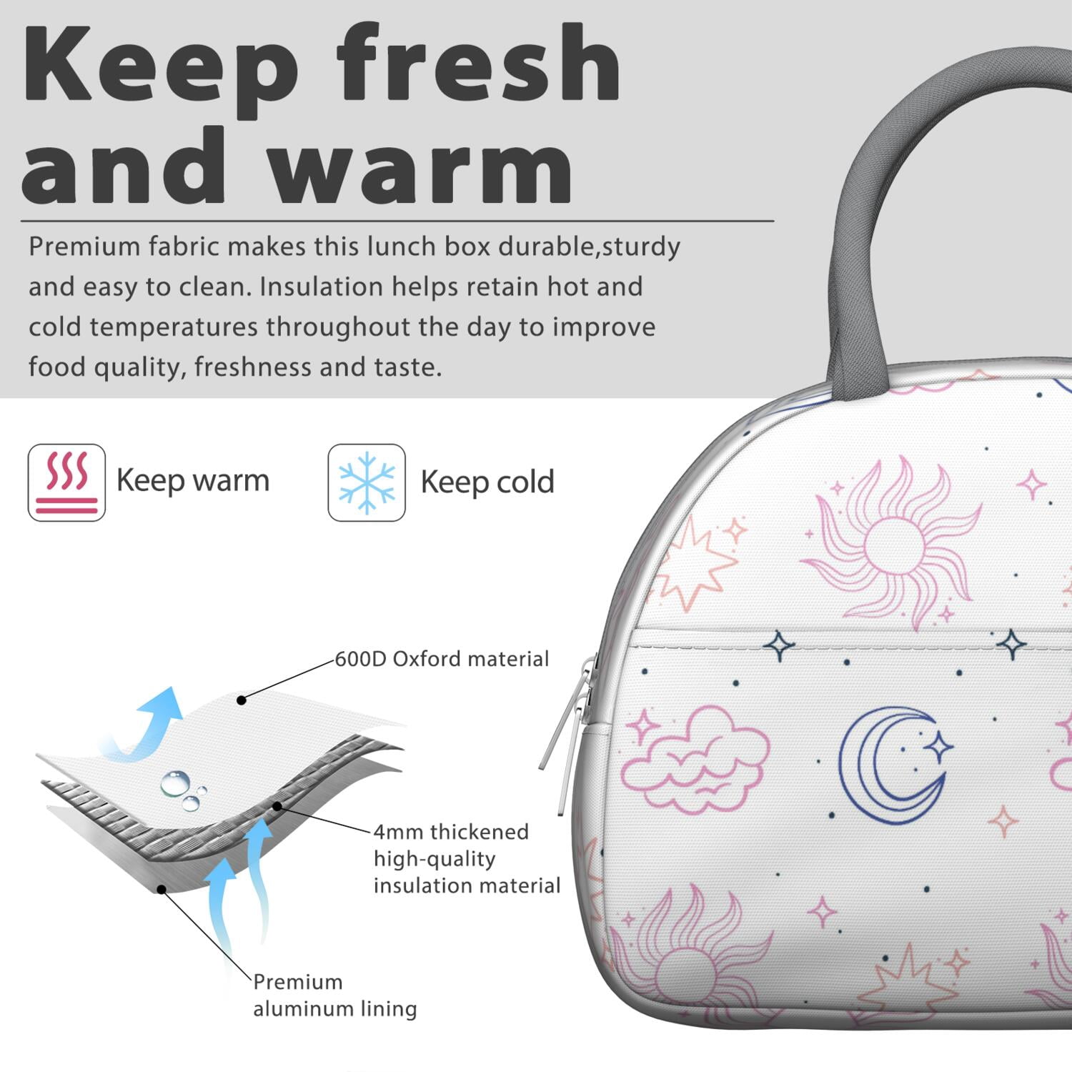 Witchy Spiritual Lunch Bag for Women, Gothic Sun and Moon Pattern with Starry Sky Print, Leakproof Thermal Tote for Work, Travel, or Meal Prep
