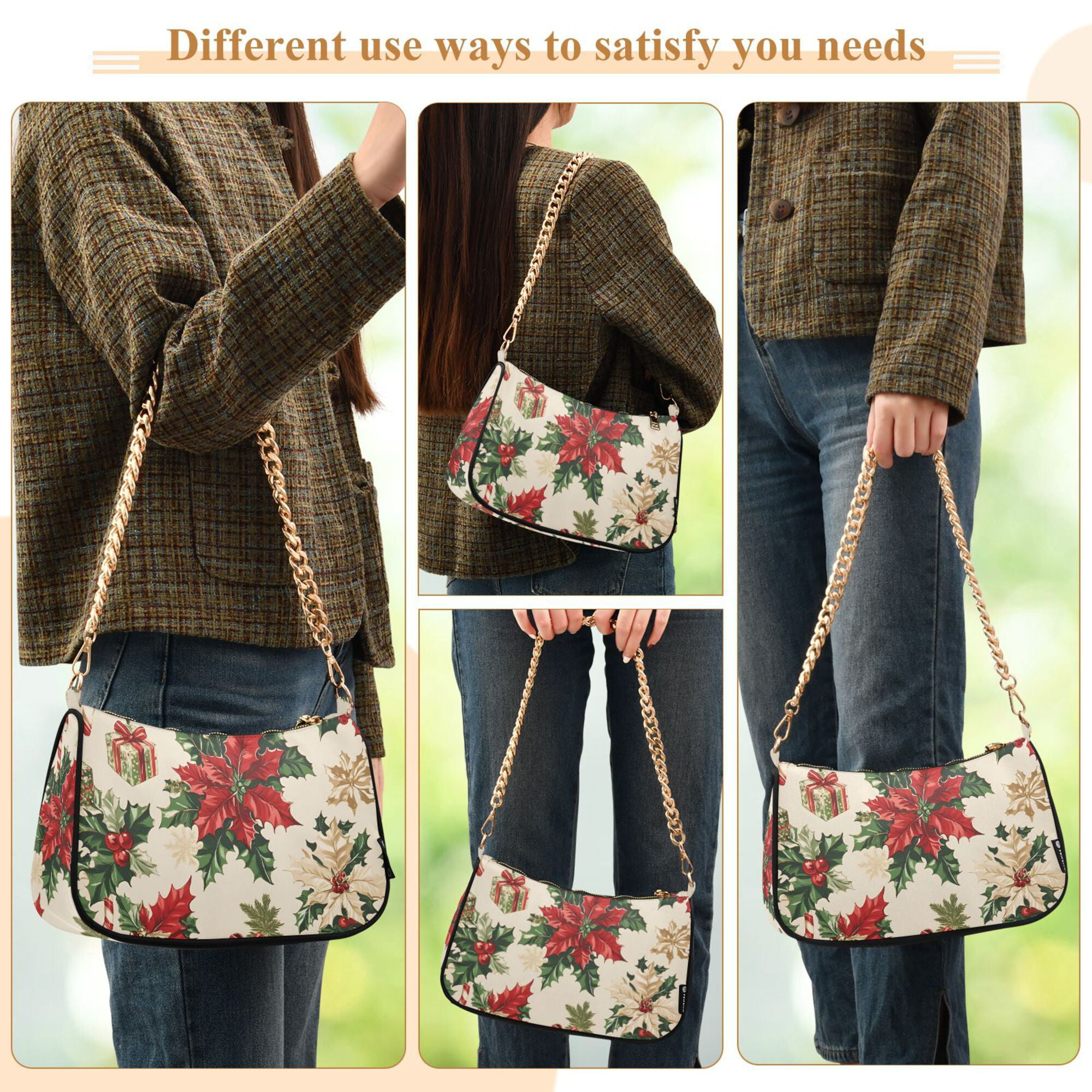FORMRS Womens Shoulder Bag with Chain Strap Clutch Purse Cute Tote Handbag, Christmas Poinsettia