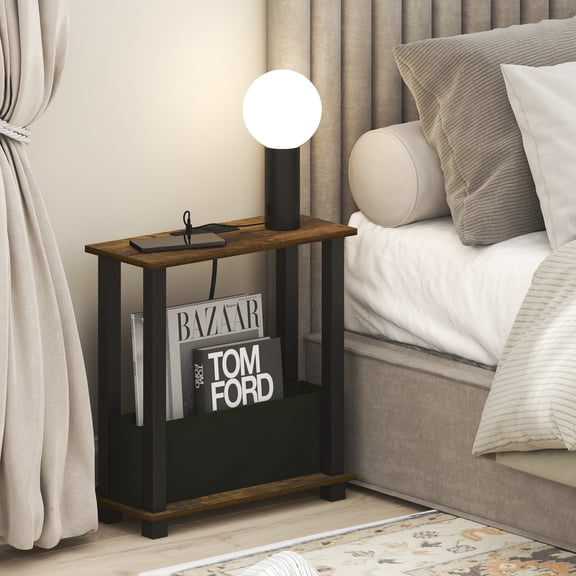 Furinno TURN-S-TUBE 2-Tier Nightstand. USB & Type-C Charging. Amber Pine