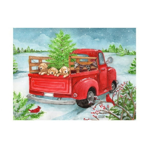 Melinda Hipsher 'Red Truck Christmas Tree And Puppies Snowing' Canvas Art
