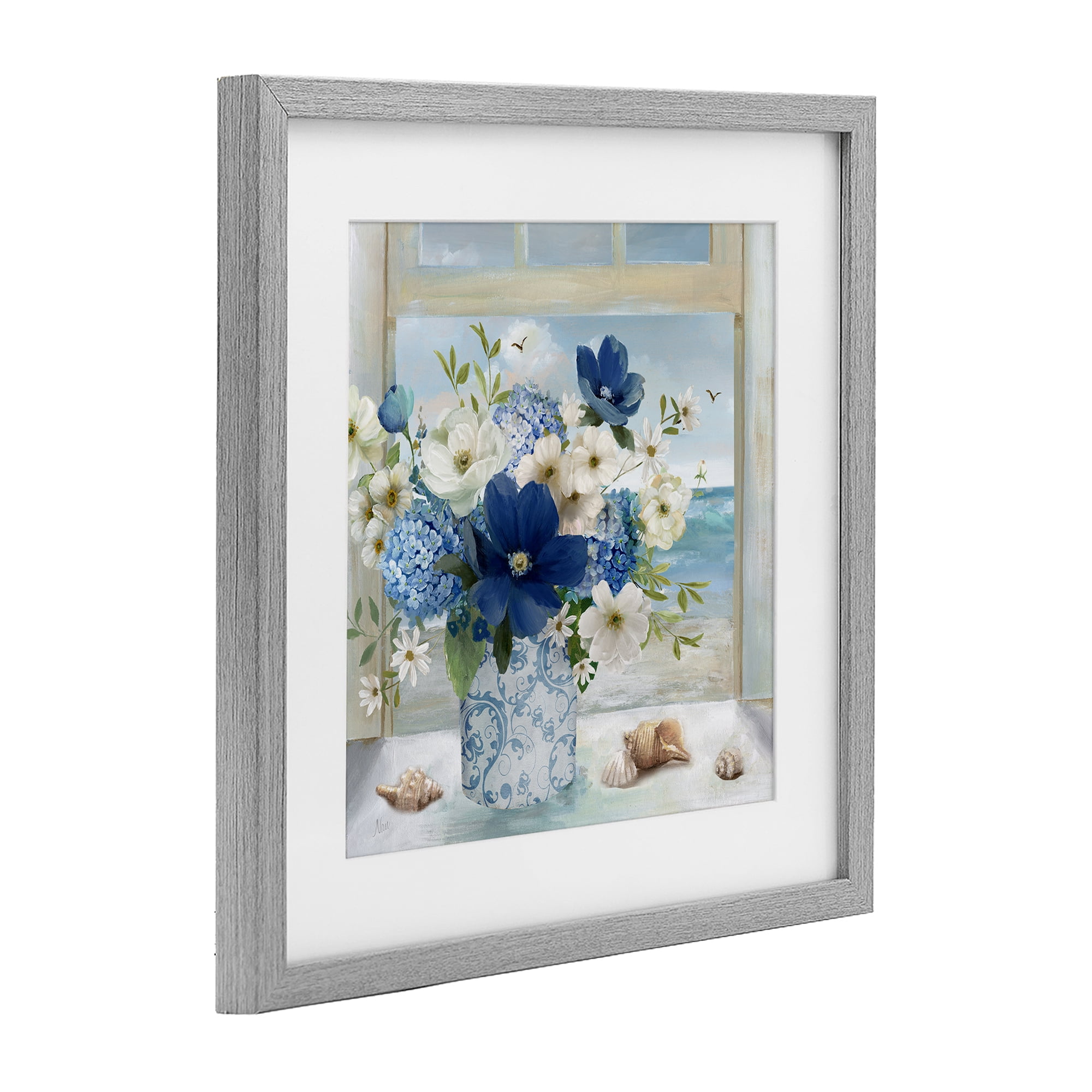 Stupell Industries Seaside Blue & White Arrangement Gray Framed Print Under Glass, design by Nan